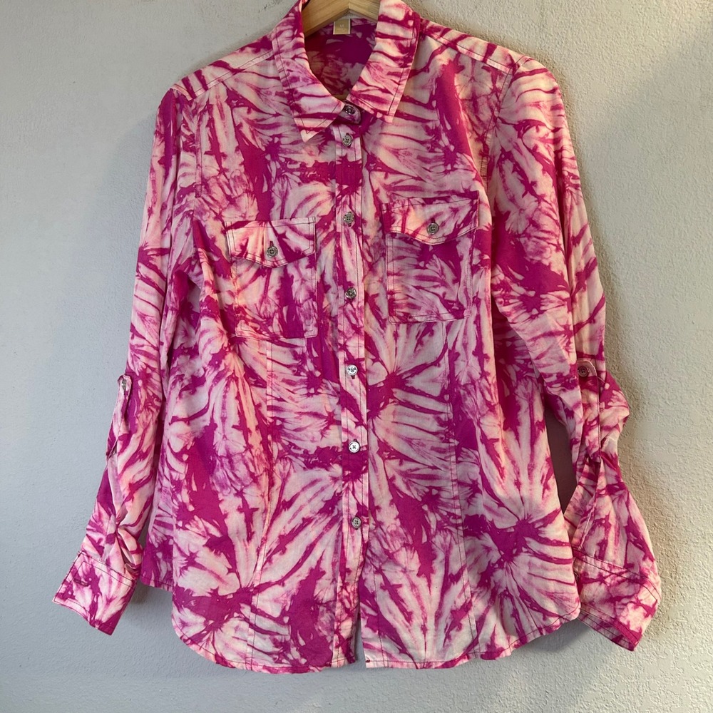 MICHAEL Michael Kors Womens Pink Tie Dye Cotton RollTab Button Down Shirt Medium